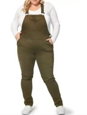 SLINK Jeans Olive Green Stretch Denim Overalls Adjustable Straps Pockets Size 14